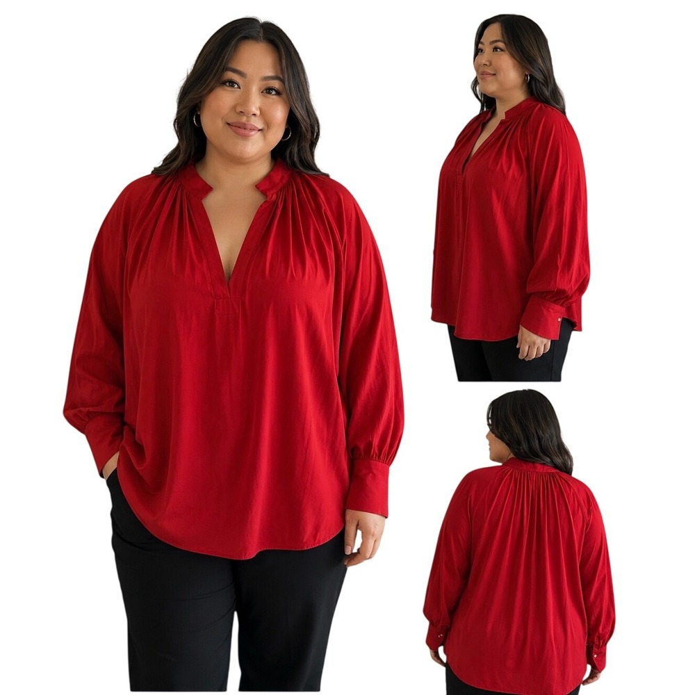H&M Red Split Neck Bishop Sleeve Blouse Pearl Button Cuff XL
